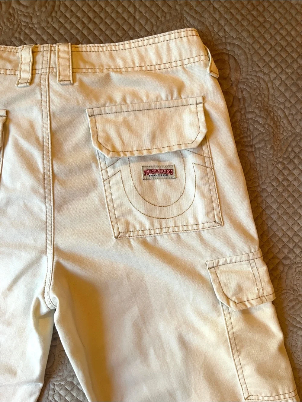 True Religion Men’s Off-White Cargo Pants - Utility Pocket Detail